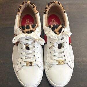 Michael Kors White Leather Sneakers with Leopard Print and Red Insole